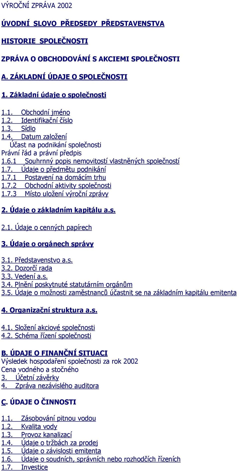 Údaje o předmětu podnikání 1.7.1 Postavení na domácím trhu 1.7.2 Obchodní aktivity společnosti 1.7.3 Místo uložení výroční zprávy 2. Údaje o základním kapitálu a.s. 2.1. Údaje o cenných papírech 3.