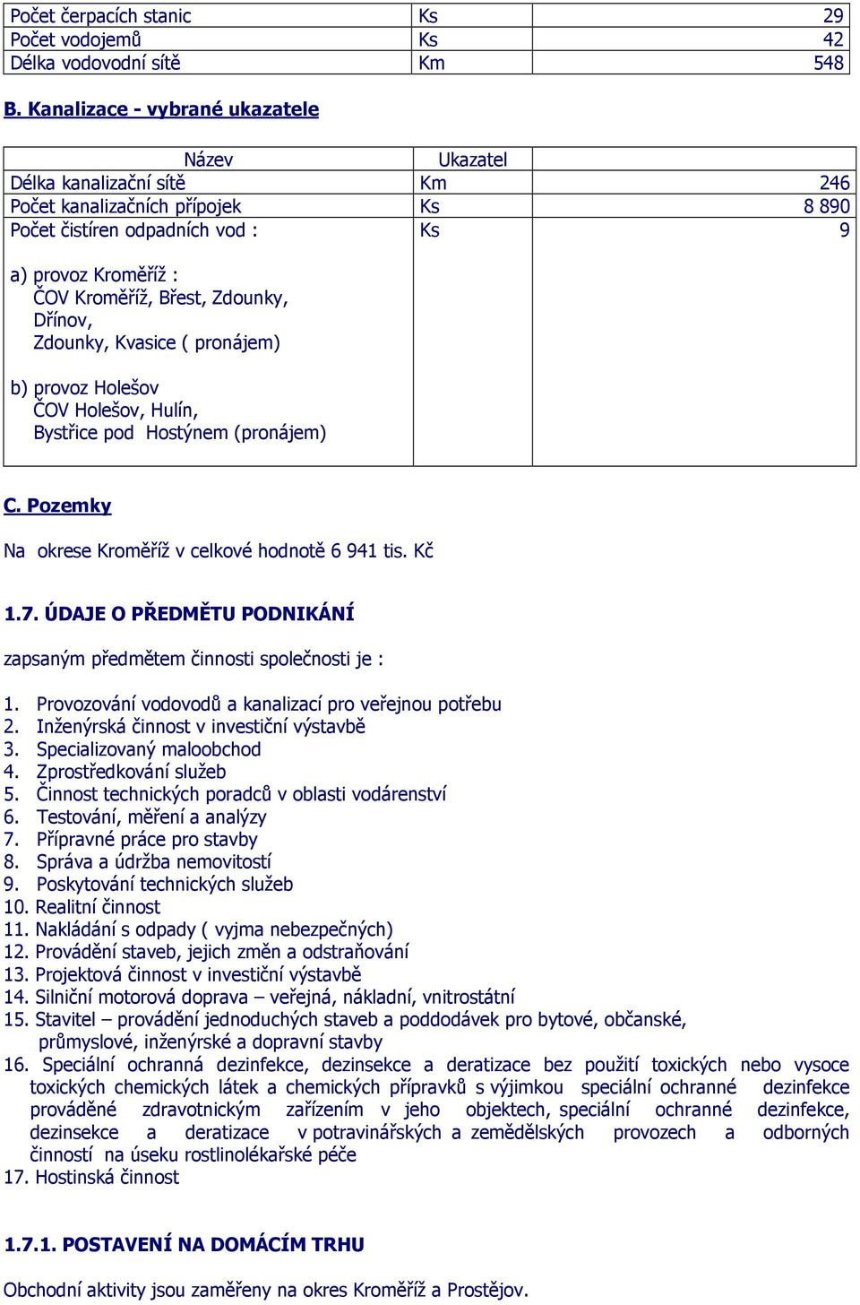 Zdounky, Dřínov, Zdounky, Kvasice ( pronájem) b) provoz Holešov ČOV Holešov, Hulín, Bystřice pod Hostýnem (pronájem) C. Pozemky Na okrese Kroměříž v celkové hodnotě 6 941 tis. Kč 1.7.