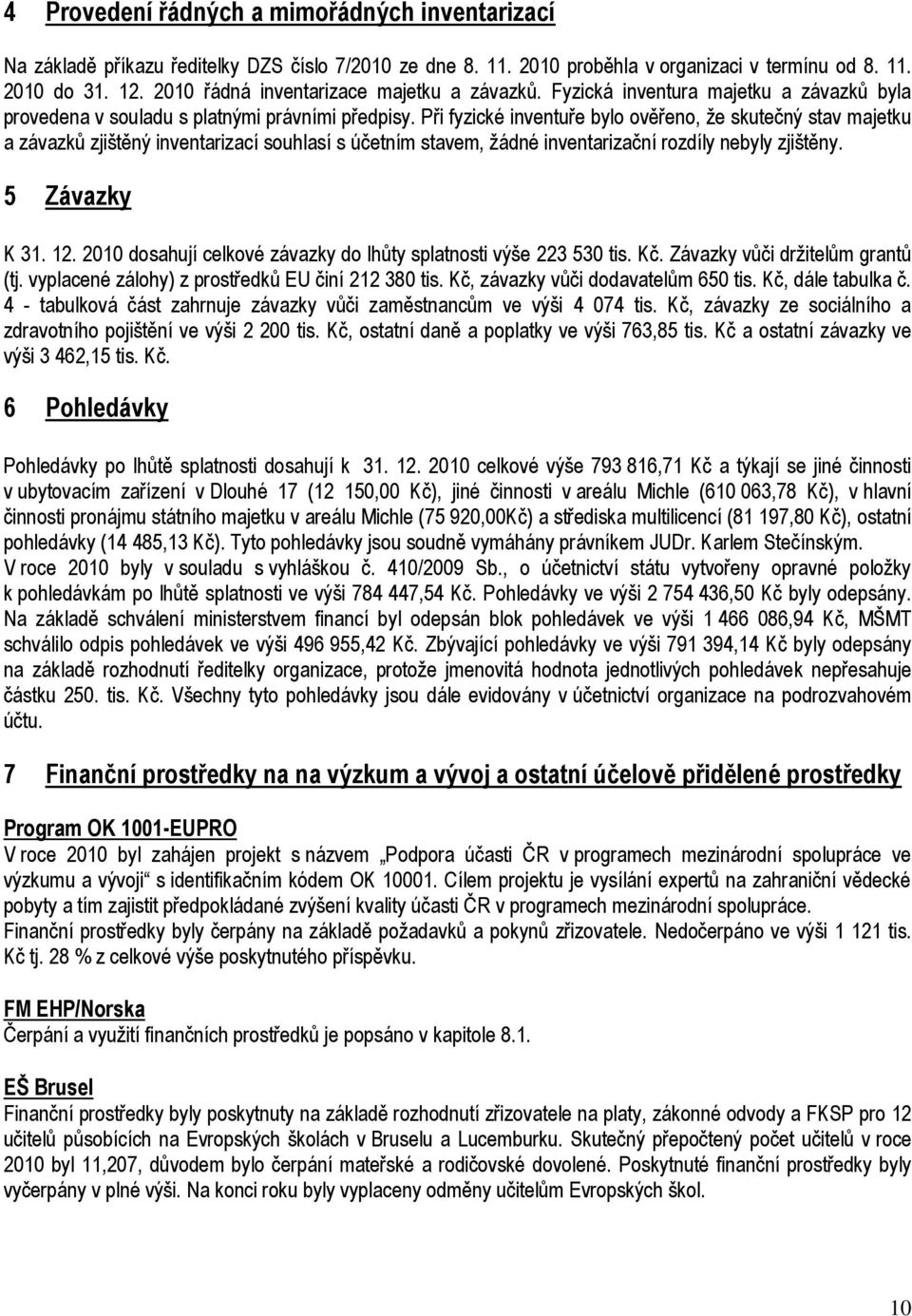 Při fyzické inventuře bylo ověřeno, ţe skutečný stav majetku a závazků zjištěný inventarizací souhlasí s účetním stavem, ţádné inventarizační rozdíly nebyly zjištěny. 5 Závazky K 31. 12.