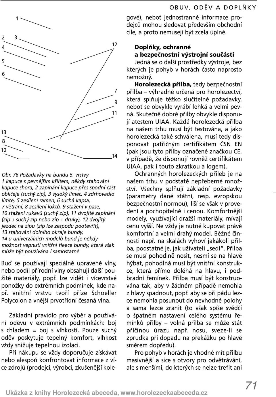 větrání, 8 zesílení loktů, 9 stažení v pase, 10 stažení rukávů (suchý zip), 11 dvojité zapínání (zip + suchý zip nebo zip + druky), 12 dvojitý jezdec na zipu (zip lze zespodu pootevřít), 13 stahování