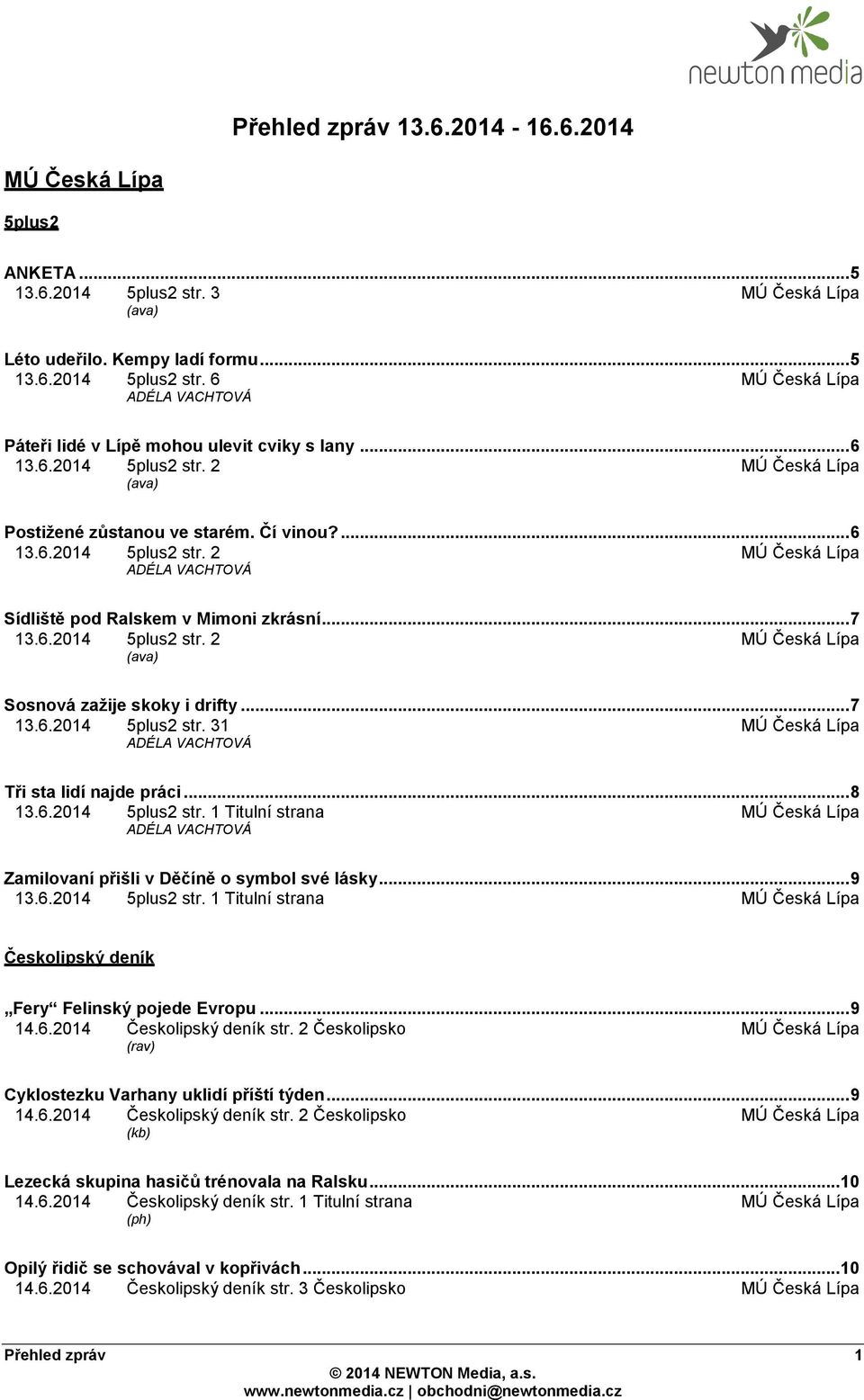 .. 7 13.6.2014 5plus2 str. 31 MÚ Česká Lípa ADÉLA VACHTOVÁ Tři sta lidí najde práci... 8 13.6.2014 5plus2 str. 1 Titulní strana MÚ Česká Lípa ADÉLA VACHTOVÁ Zamilovaní přišli v Děčíně o symbol své lásky.