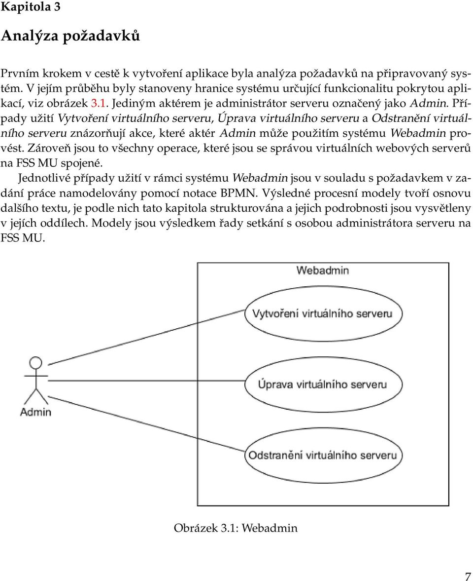 Případy užití Vytvoření virtuálního serveru, Úprava virtuálního serveru a Odstranění virtuálního serveru znázorňují akce, které aktér Admin může použitím systému Webadmin provést.