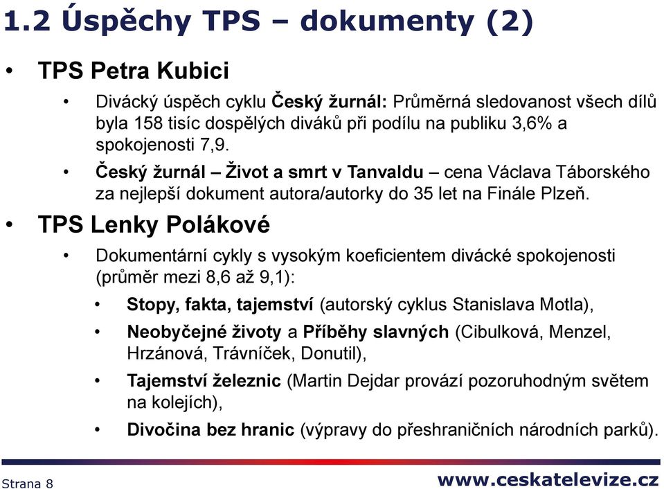 TPS Lenky Polákové Dokumentární cykly s vysokým koeficientem divácké spokojenosti (průměr mezi 8,6 až 9,1): Stopy, fakta, tajemství (autorský cyklus Stanislava Motla), Neobyčejné