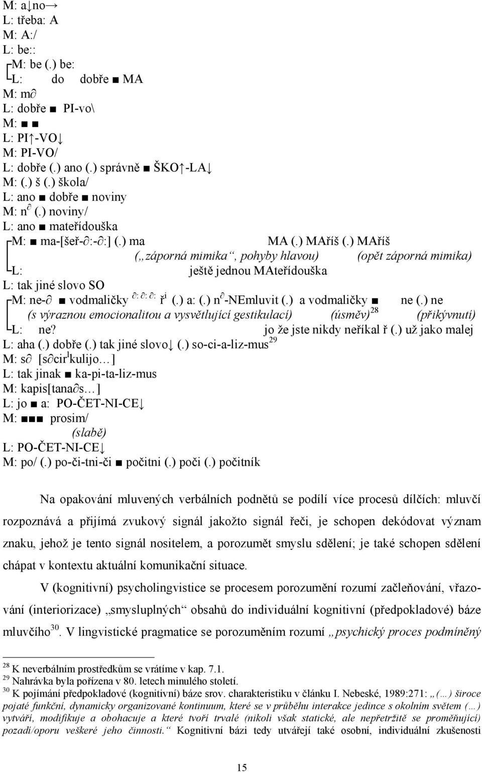 ) MAříš ( záporná mimika, pohyby hlavou) (opět záporná mimika) L: ještě jednou MAteřídouška L: tak jiné slovo SO M: ne- vodmaličky : : : ř i (.) a: (.) n -NEmluvit (.) a vodmaličky ne (.