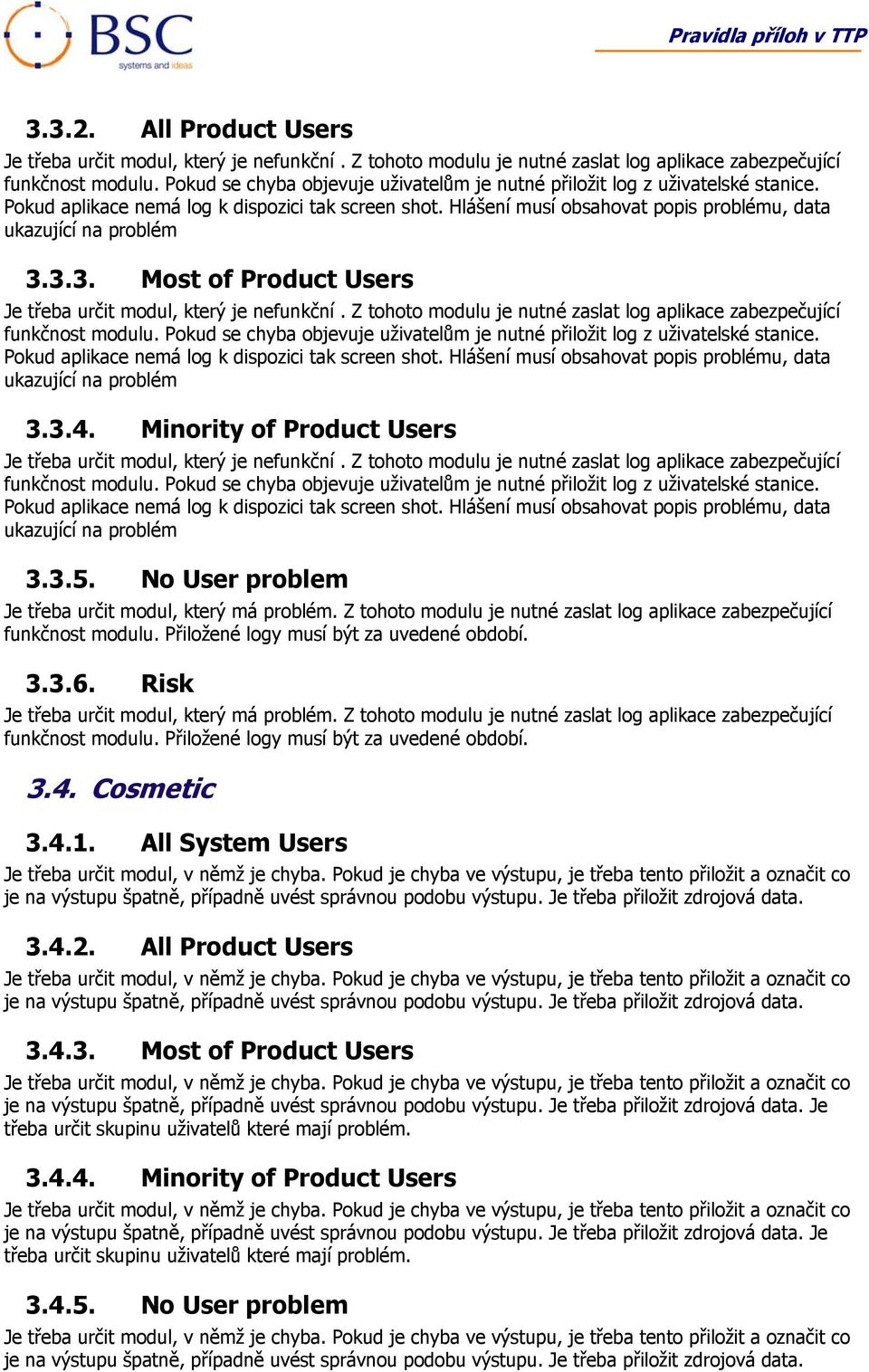 Hlášení musí obsahovat popis problému, data ukazující na problém 3.3.5. No User problem Je třeba určit modul, který má problém.