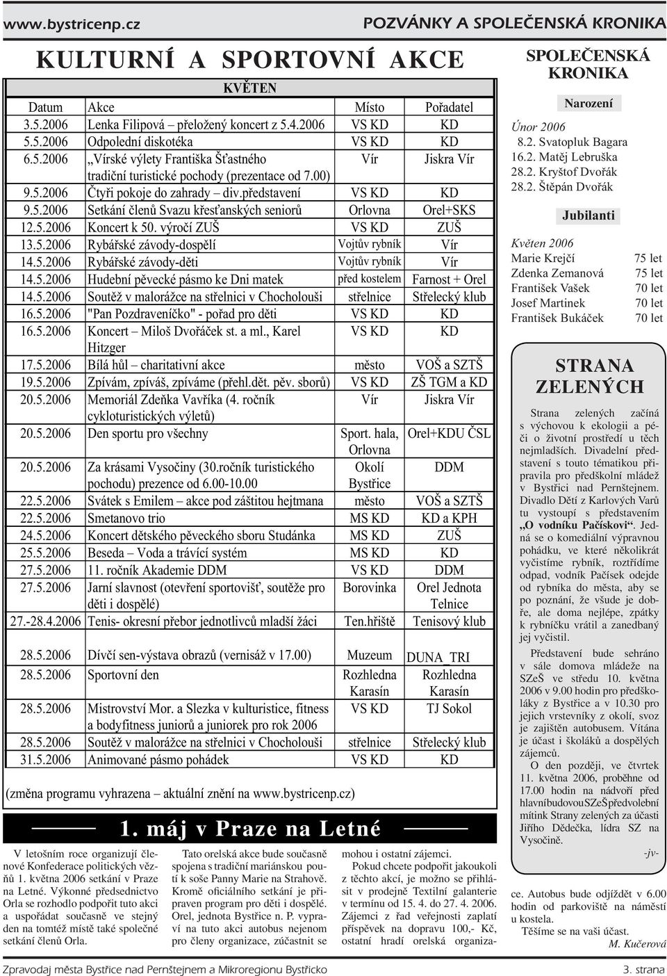 2006 Lenka Filipová přeložený koncert z 5.4.2006 VS KD KD 5.5.2006 Odpolední diskotéka VS KD KD 6.5.2006 Vírské výlety Františka Šťastného Vír Jiskra Vír tradiční turistické pochody (prezentace od 7.