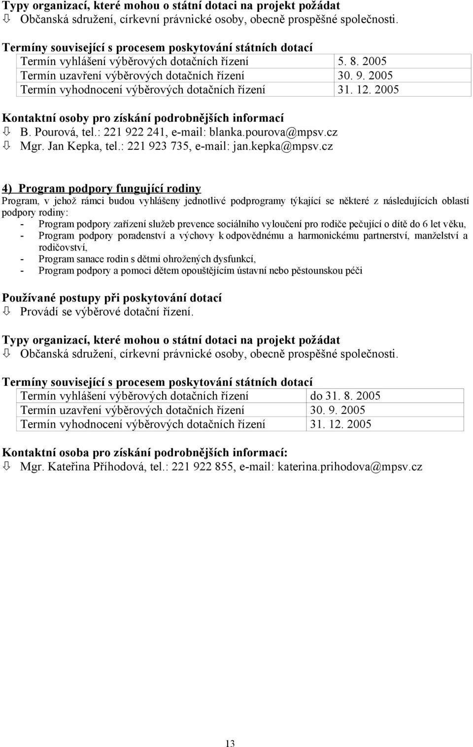 2005 Kontaktní osoby pro získání podrobnějších informací B. Pourová, tel.: 221 922 241, e-mail: blanka.pourova@mpsv.cz Mgr. Jan Kepka, tel.: 221 923 735, e-mail: jan.kepka@mpsv.