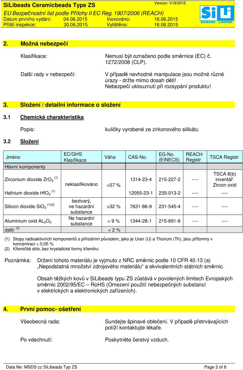 2 Složení Jméno Hlavní komponenty Zirconium dioxide ZrO 2 (1) Hafnium dioxide HfO 2 (1) EC/GHS Klasifikace Váha neklasifikováno >57 % CAS-No. EG-No.