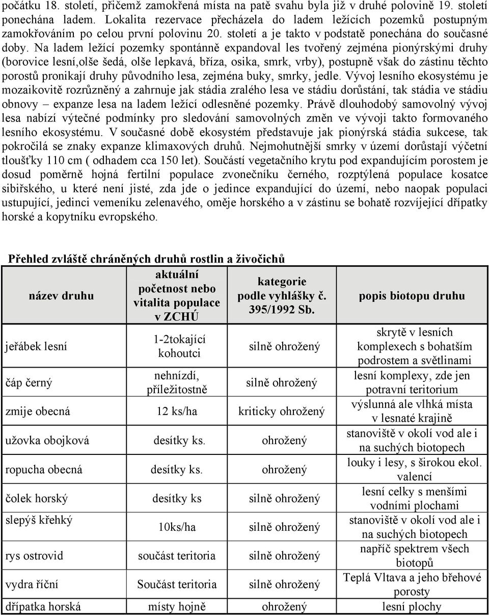 Na ladem ležící pozemky spontánně expandoval les tvořený zejména pionýrskými druhy (borovice lesní,olše šedá, olše lepkavá, bříza, osika, smrk, vrby), postupně však do zástinu těchto porostů