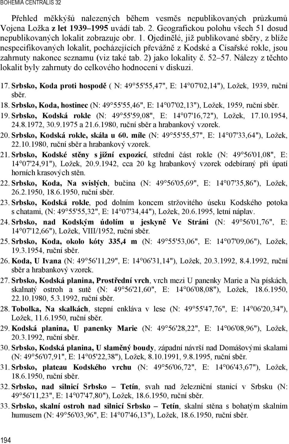 Nálezy z t chto lokalit byly zahrnuty do celkového hodnocení v diskuzi. 17. Srbsko, Koda proti hospod ( N: 49 55'55,47", E: 14 07'02,14"), Ložek, 1939, ruční sb r. 18.