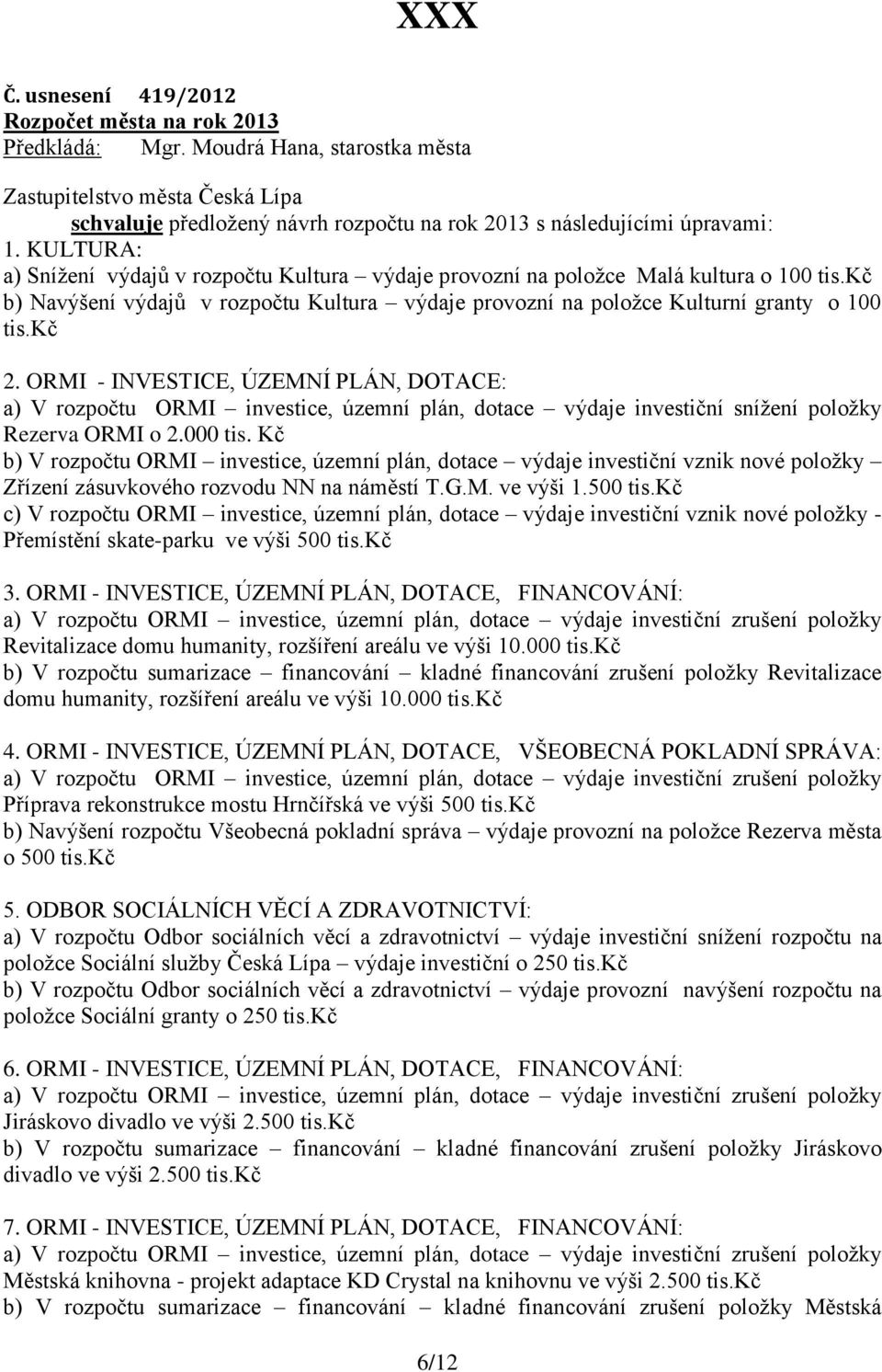 ORMI - INVESTICE, ÚZEMNÍ PLÁN, DOTACE: a) V rozpočtu ORMI investice, územní plán, dotace výdaje investiční snížení položky Rezerva ORMI o 2.000 tis.