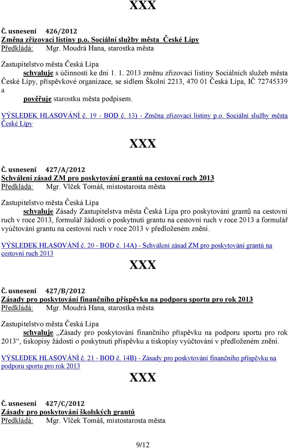 VÝSLEDEK HLASOVÁNÍ č. 19 - BOD č. 13) - Změna zřizovací listiny p.o. Sociální služby města České Lípy Č.