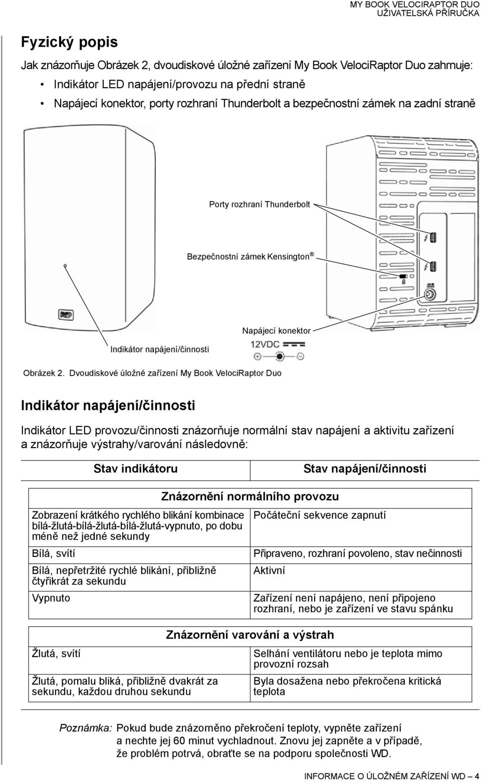 Dvoudiskové úložné zařízení My Book VelociRaptor Duo Indikátor napájení/činnosti Indikátor LED provozu/činnosti znázorňuje normální stav napájení a aktivitu zařízení a znázorňuje výstrahy/varování