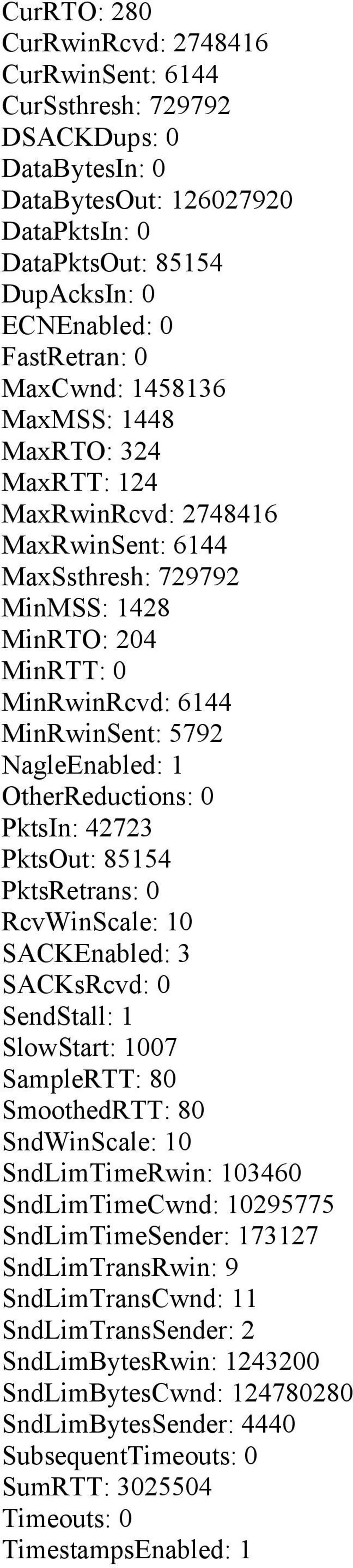 OtherReductions: 0 PktsIn: 42723 PktsOut: 85154 PktsRetrans: 0 RcvWinScale: 10 SACKEnabled: 3 SACKsRcvd: 0 SendStall: 1 SlowStart: 1007 SampleRTT: 80 SmoothedRTT: 80 SndWinScale: 10 SndLimTimeRwin: