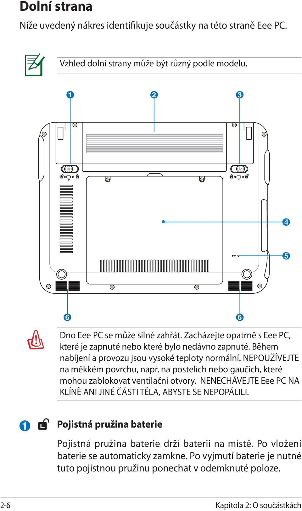 na postelích nebo gaučích, které mohou zablokovat ventilační otvory. NENECHÁVEJTE Eee PC NA KLÍNĚ ANI JINÉ ČÁSTI TĚLA, ABYSTE SE NEPOPÁLILI.