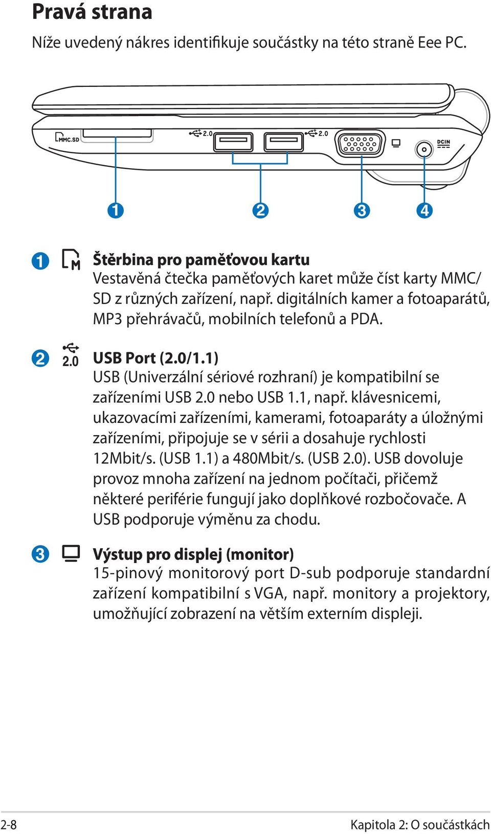 digitálních kamer a fotoaparátů, MP3 přehrávačů, mobilních telefonů a PDA. USB Port (2.0/1.1) USB (Univerzální sériové rozhraní) je kompatibilní se zařízeními USB 2.0 nebo USB 1.1, např.