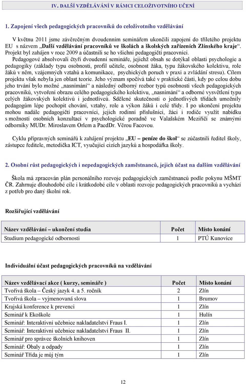 ve školách a školských zařízeních Zlínského kraje. Projekt byl zahájen v roce 2009 a účastnili se ho všichni pedagogičtí pracovníci.