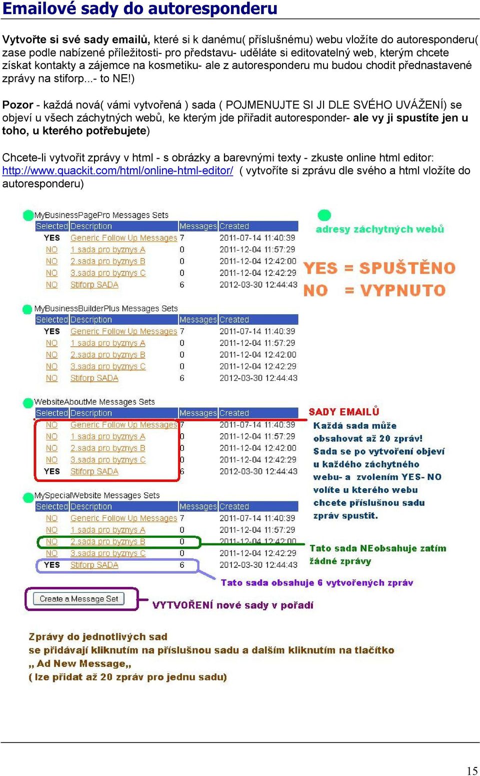 ) Pozor - každá nová( vámi vytvořená ) sada ( POJMENUJTE SI JI DLE SVÉHO UVÁŽENÍ) se objeví u všech záchytných webů, ke kterým jde přiřadit autoresponder- ale vy ji spustíte jen u toho, u