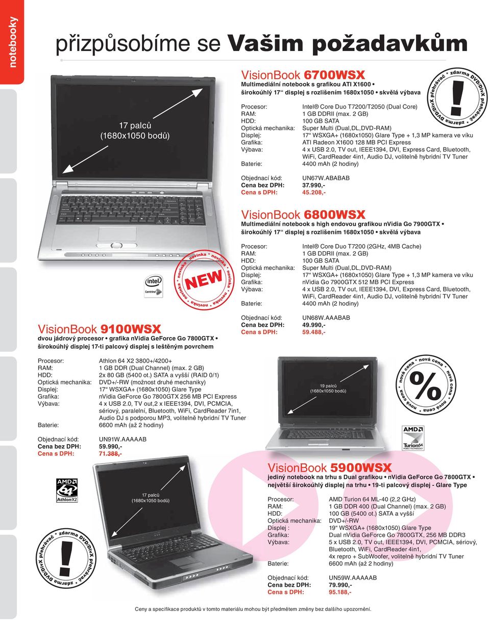 2 GB) 100 GB SATA Super Multi (Dual,DL,DVD-RAM) 17 WSXGA+ (1680x1050) Glare Type + 1,3 MP kamera ve víku ATI Radeon X1600 128 MB PCI Express 4 x USB 2.