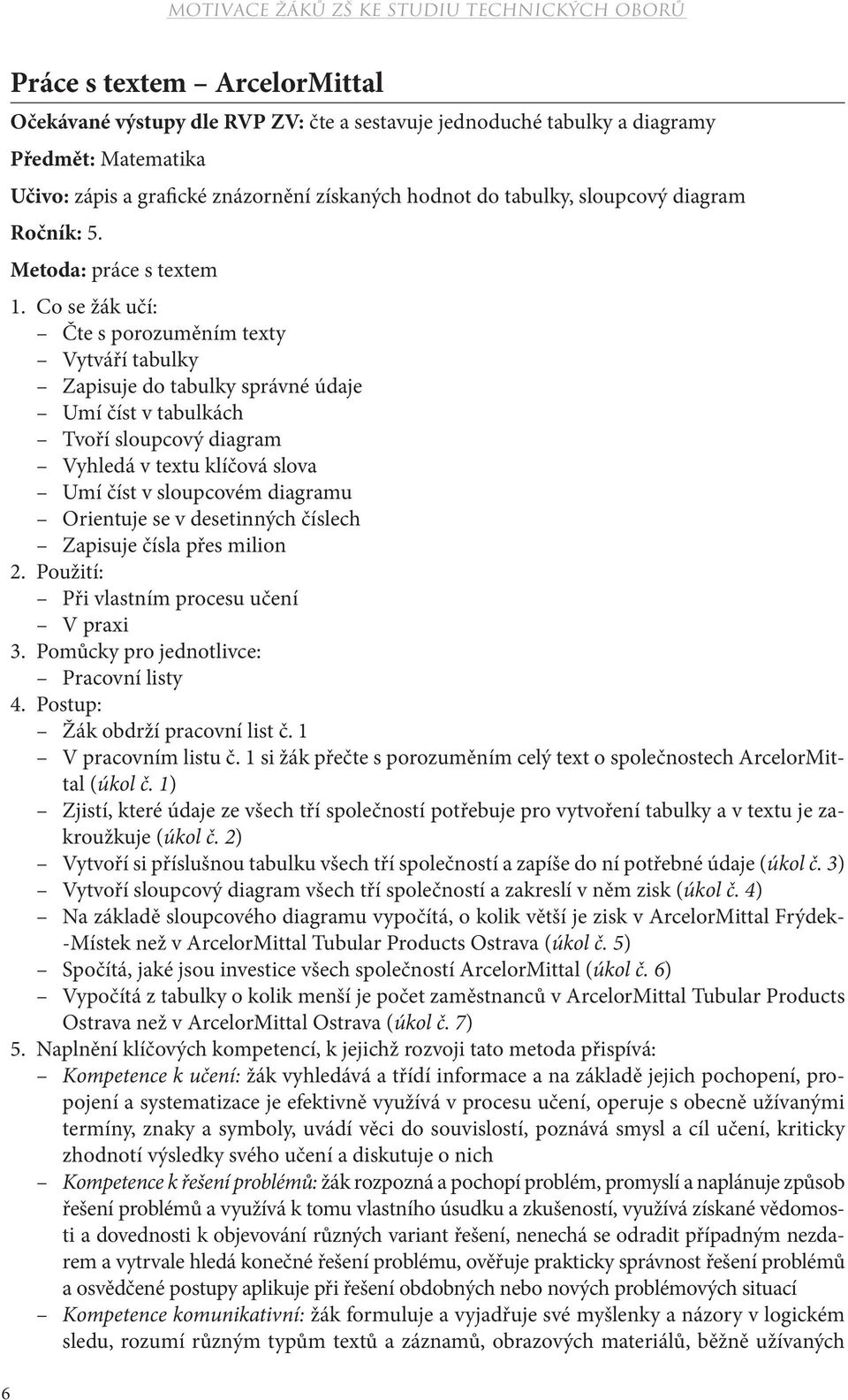 Co se žák učí: Čte s porozuměním texty Vytváří tabulky Zapisuje do tabulky správné údaje Umí číst v tabulkách Tvoří sloupcový diagram Vyhledá v textu klíčová slova Umí číst v sloupcovém diagramu