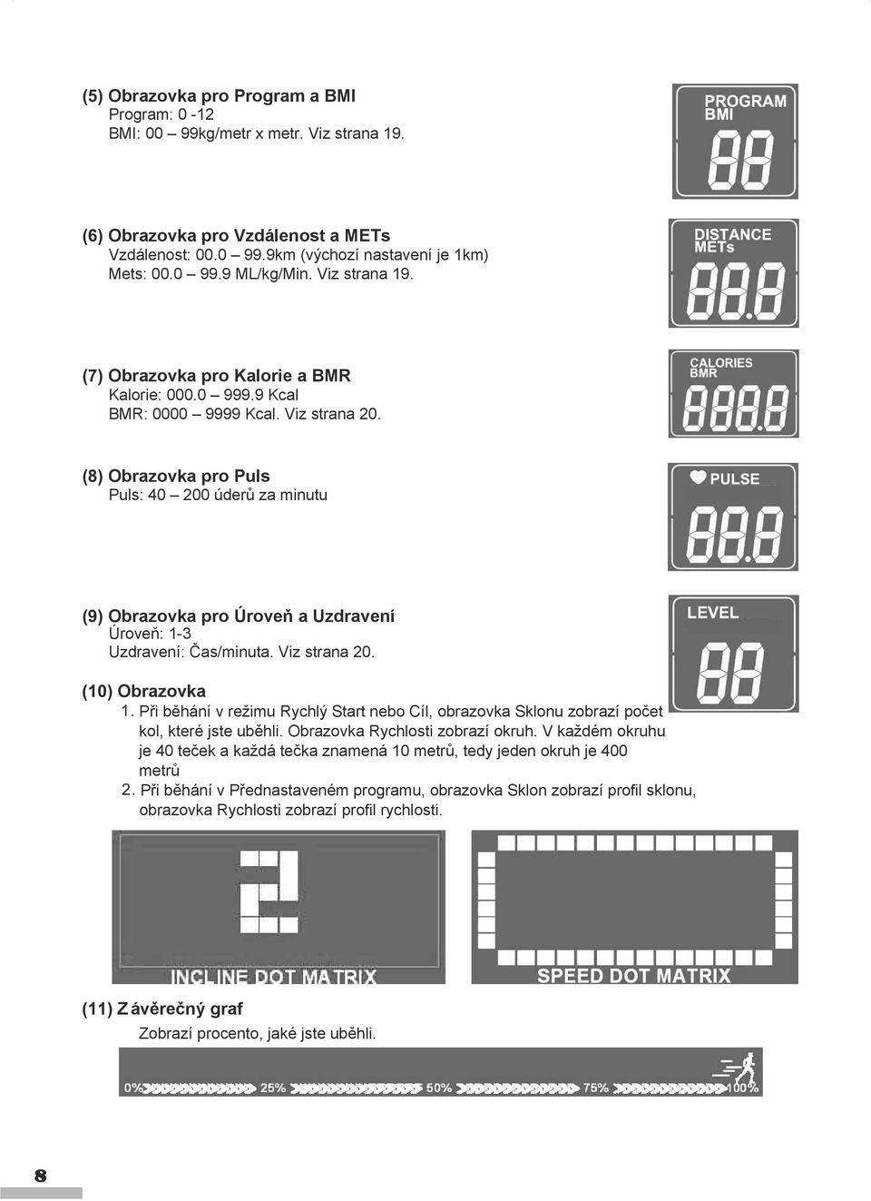 (8) Obrazovka pro Puls Puls: 40 200 úderů za minutu (9) Obrazovka pro Úroveň a Uzdravení Úroveň: 1-3 Uzdravení: Čas/minuta. Viz strana 20. (10) Obrazovka 1.