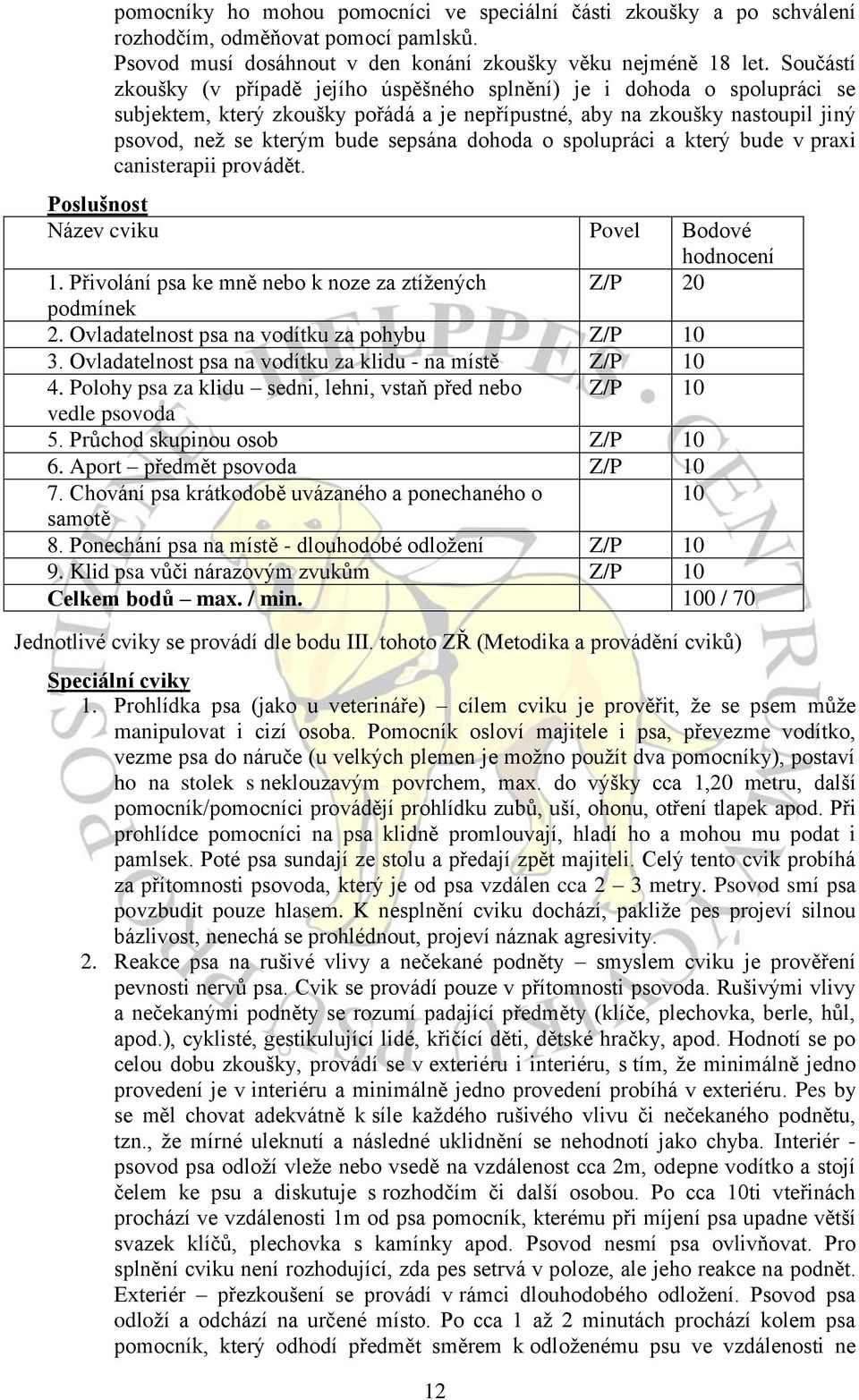 dohoda o spolupráci a který bude v praxi canisterapii provádět. Poslušnost Název cviku Povel Bodové hodnocení 1. Přivolání psa ke mně nebo k noze za ztížených Z/P 20 podmínek 2.