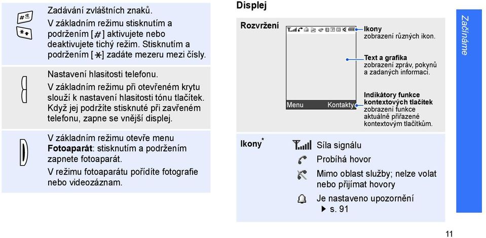 Displej Rozvržení Menu Kontakty Ikony zobrazení různých ikon. Text a grafika zobrazení zpráv, pokynů a zadaných informací.