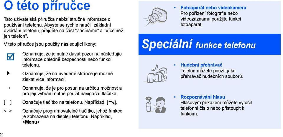 Oznamuje, že na uvedené stránce je možné získat více informací. Oznamuje, že je pro posun na určitou možnost a pro její vybrání nutné použít navigační tlačítka. [ ] Označuje tlačítko na telefonu.