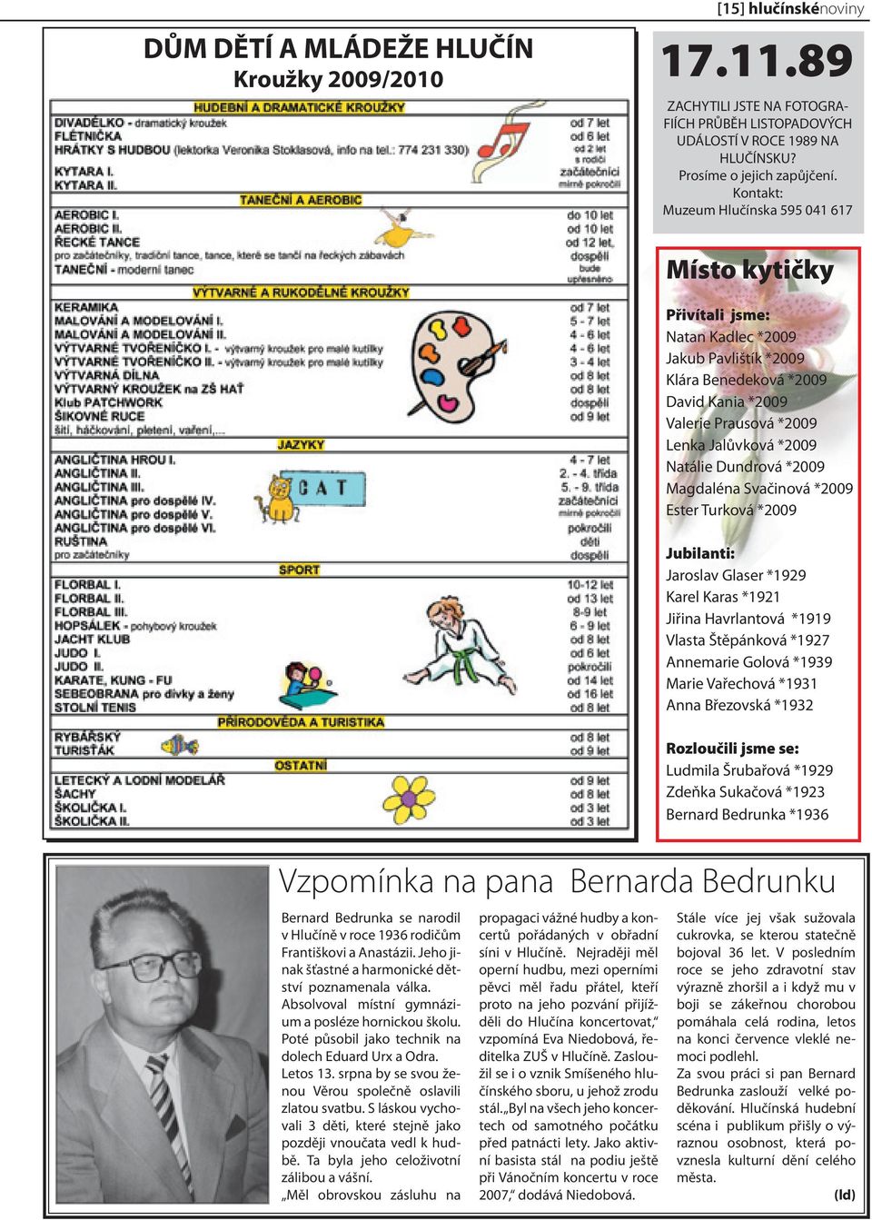 Natálie Dundrová *2009 Magdaléna Svačinová *2009 Ester Turková *2009 Jubilanti: Jaroslav Glaser *1929 Karel Karas *1921 Jiřina Havrlantová *1919 Vlasta Štěpánková *1927 Annemarie Golová *1939 Marie