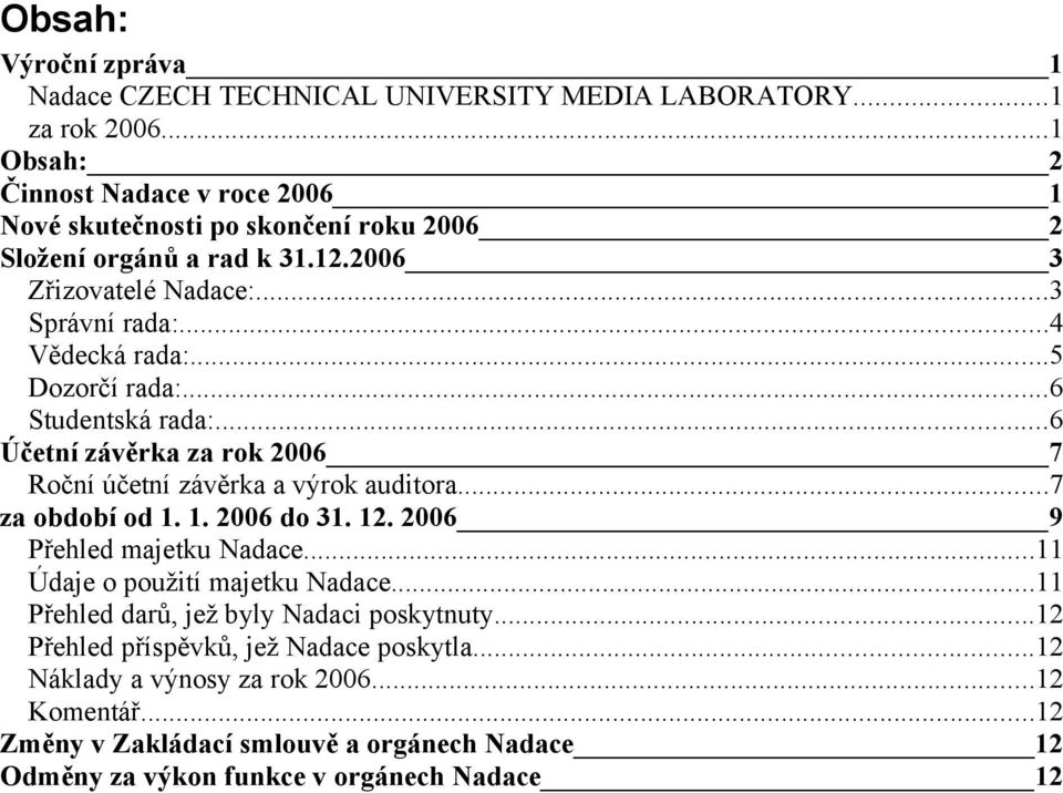 ..5 Dozorčí rada:...6 Studentská rada:...6 Účetní závěrka za rok 2006 7 Roční účetní závěrka a výrok auditora...7 za období od 1. 1. 2006 do 31. 12. 2006 9 Přehled majetku Nadace.