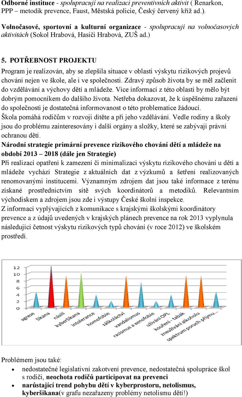 POTŘEBNOST PROJEKTU Program je realizován, aby se zlepšila situace v oblasti výskytu rizikových projevů chování nejen ve škole, ale i ve společnosti.