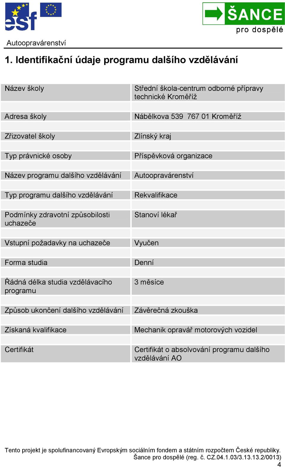 vzdělávání Získaná kvalifikace Certifikát Střední škola-centrum odborné přípravy technické Kroměříž Nábělkova 539 767 01 Kroměříž Zlínský kraj Příspěvková organizace