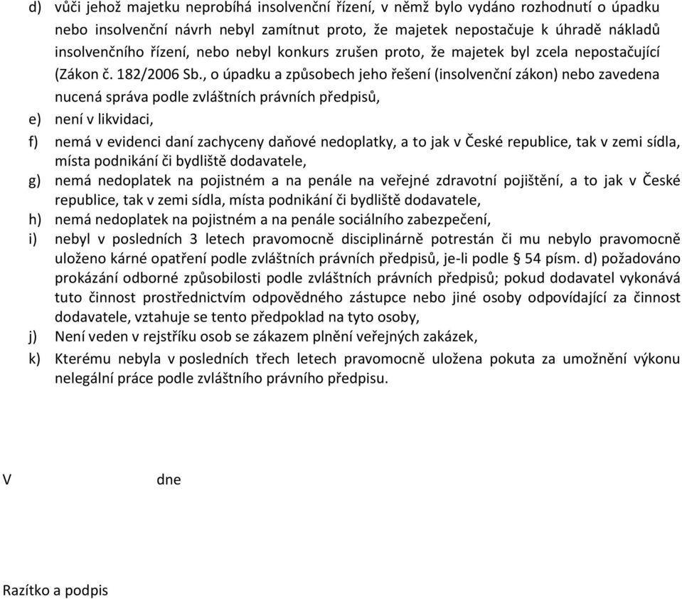 , o úpadku a způsobech jeho řešení (insolvenční zákon) nebo zavedena nucená správa podle zvláštních právních předpisů, e) není v likvidaci, f) nemá v evidenci daní zachyceny daňové nedoplatky, a to