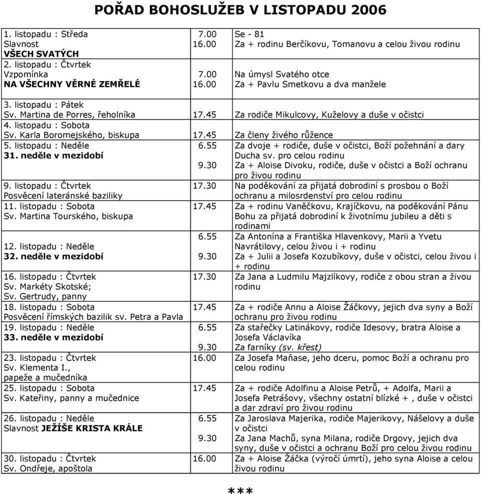 45 Za rodiče Mikulcovy, Kuželovy a duše v očistci 4. listopadu : Sobota Sv. Karla Boromejského, biskupa 17.45 Za členy živého růžence 5. listopadu : Neděle 31. neděle v mezidobí 9.