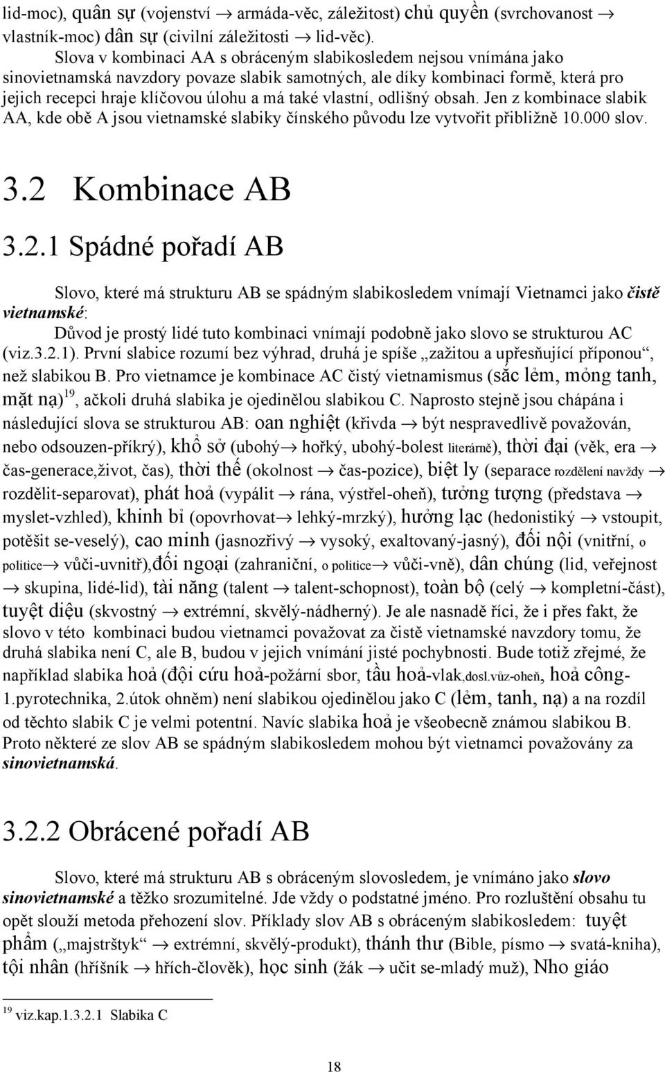 vlastní, odlišný obsah. Jen z kombinace slabik AA, kde obě A jsou vietnamské slabiky čínského původu lze vytvořit přibližně 10.000 slov. 3.2 