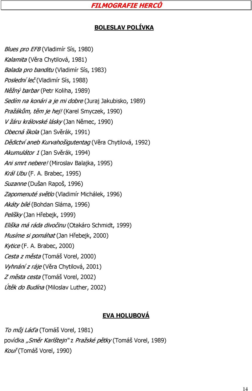 (Karel Smyczek, 1990) V žáru královské lásky (Jan Němec, 1990) Obecná škola (Jan Svěrák, 1991) Dědictví aneb Kurvahošigutentag (Věra Chytilová, 1992) Akumulátor 1 (Jan Svěrák, 1994) Ani smrt nebere!