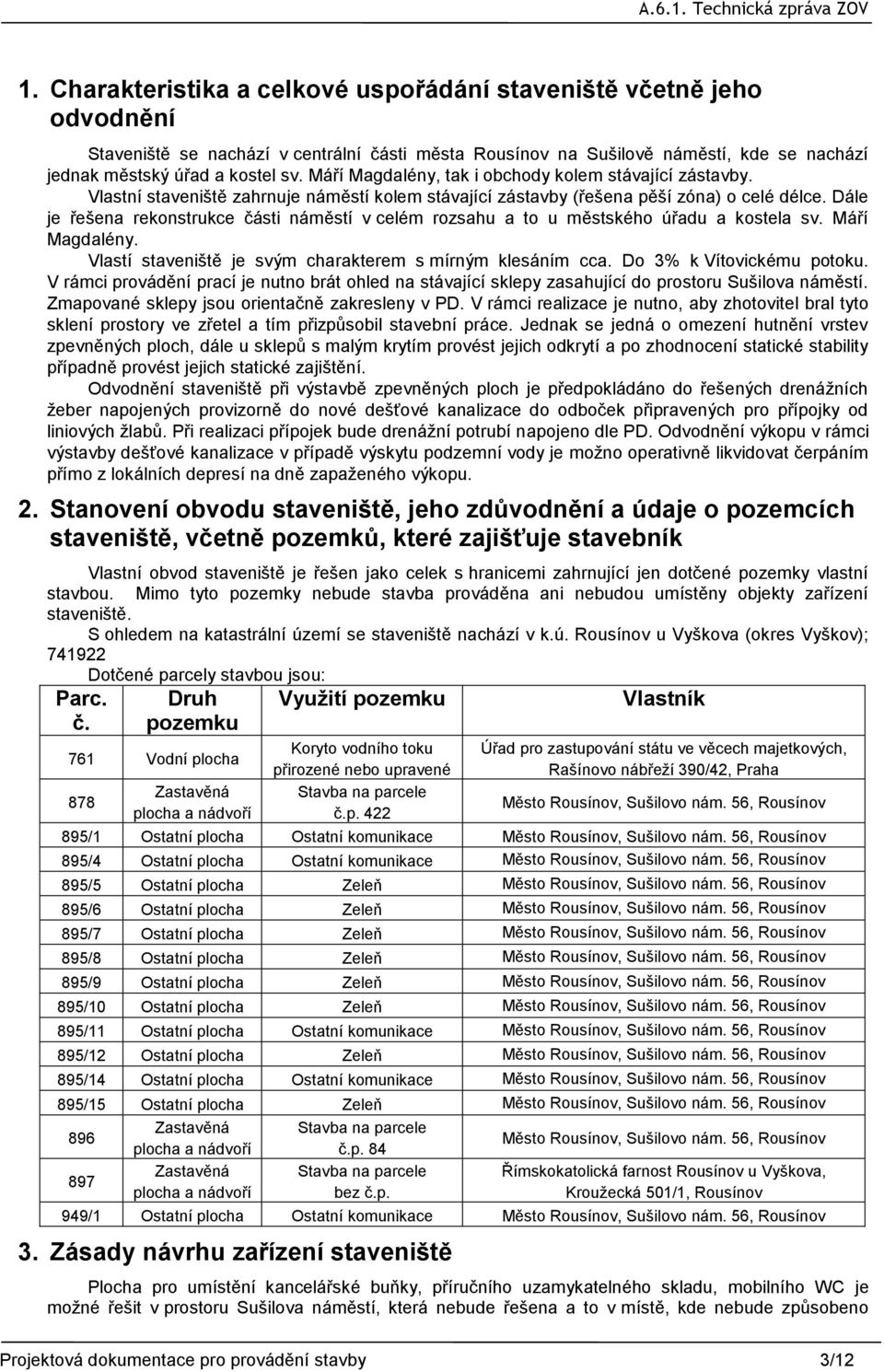 Dále je řešena rekonstrukce části náměstí v celém rozsahu a to u městského úřadu a kostela sv. Máří Magdalény. Vlastí staveniště je svým charakterem s mírným klesáním cca. Do 3% k Vítovickému potoku.