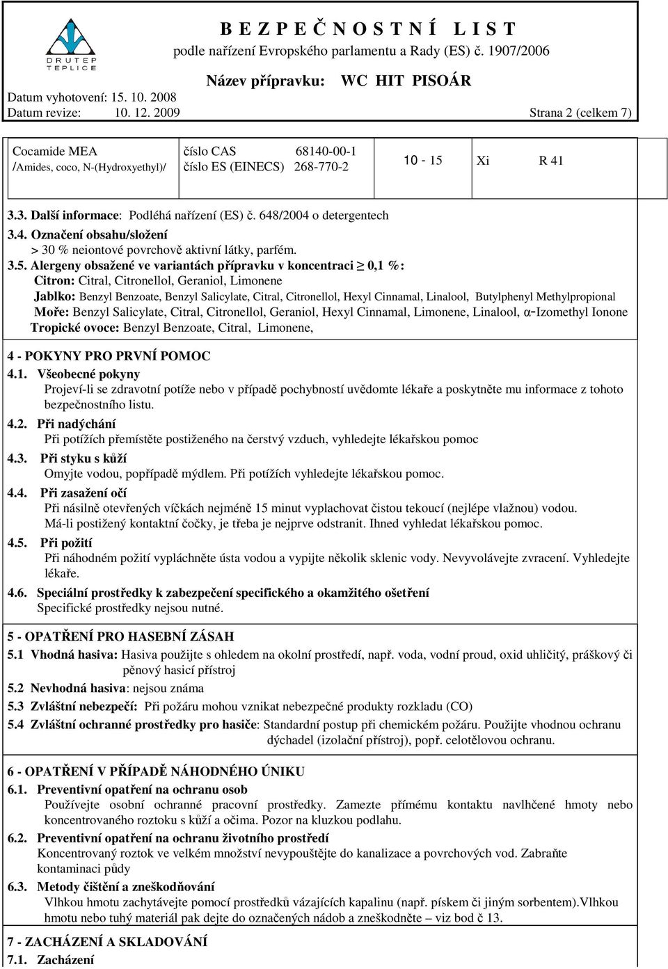 Alergeny obsažené ve variantách přípravku v koncentraci 0,1 %: Citron: Citral, Citronellol, Geraniol, Limonene Jablko: Benzyl Benzoate, Benzyl Salicylate, Citral, Citronellol, Hexyl Cinnamal,