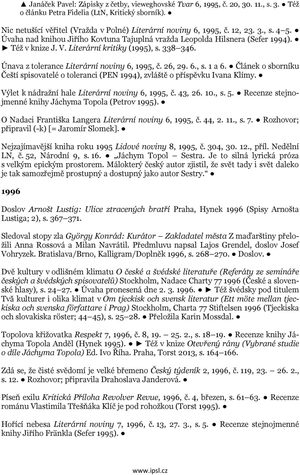 Únava z tolerance Literární noviny 6, 1995, č. 26, 29. 6., s. 1 a 6. Článek o sborníku Čeští spisovatelé o toleranci (PEN 1994), zvláště o příspěvku Ivana Klímy.