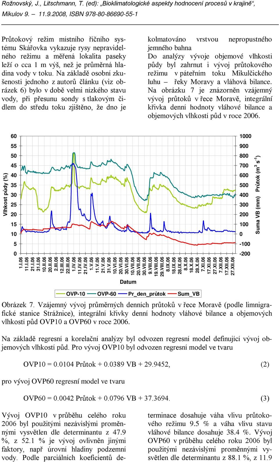 nepropustného jemného bahna Do analýzy vývoje objemové vlhkosti půdy byl zahrnut i vývoj průtokového režimu v páteřním toku Mikulčického luhu řeky Moravy a vláhová bilance.