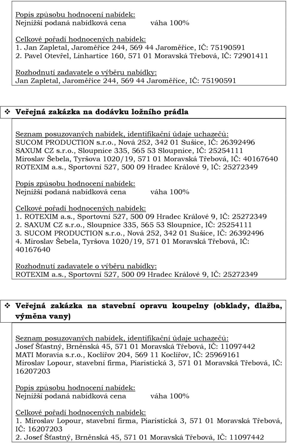 r.o., Sloupnice 335, 565 53 Sloupnice, IČ: 25254111 Miroslav Šebela, Tyršova 1020/19, 571 01 Moravská Třebová, IČ: 40167640 ROTEXIM a.s., Sportovní 527, 500 09 Hradec Králové 9, IČ: 25272349 1.