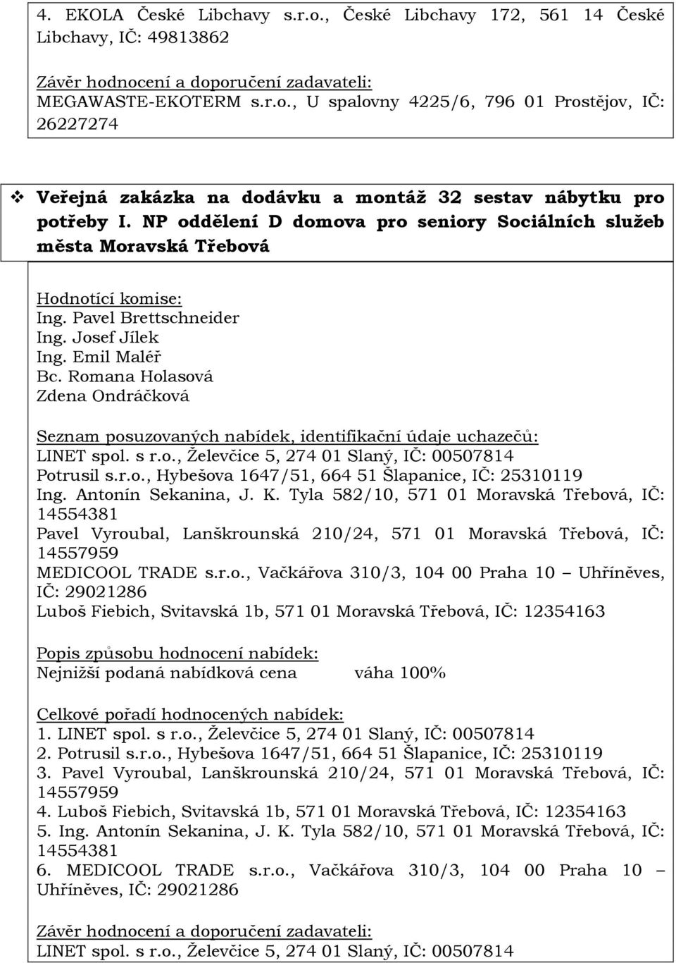 s r.o., Želevčice 5, 274 01 Slaný, IČ: 00507814 Potrusil s.r.o., Hybešova 1647/51, 664 51 Šlapanice, IČ: 25310119 Ing. Antonín Sekanina, J. K.