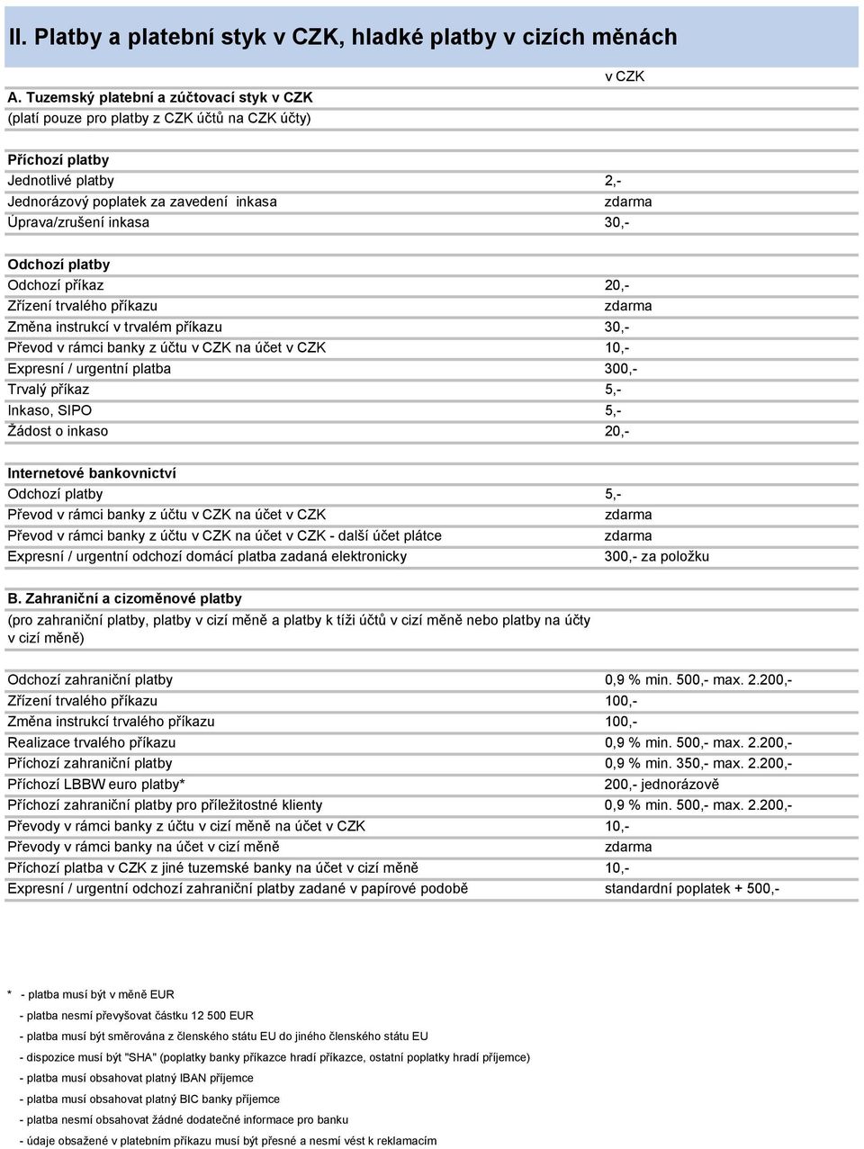 Odchozí platby Odchozí příkaz 20,- Zřízení trvalého příkazu Změna instrukcí v trvalém příkazu 30,- Převod v rámci banky z účtu v CZK na účet v CZK 10,- Expresní / urgentní platba 300,- Trvalý příkaz