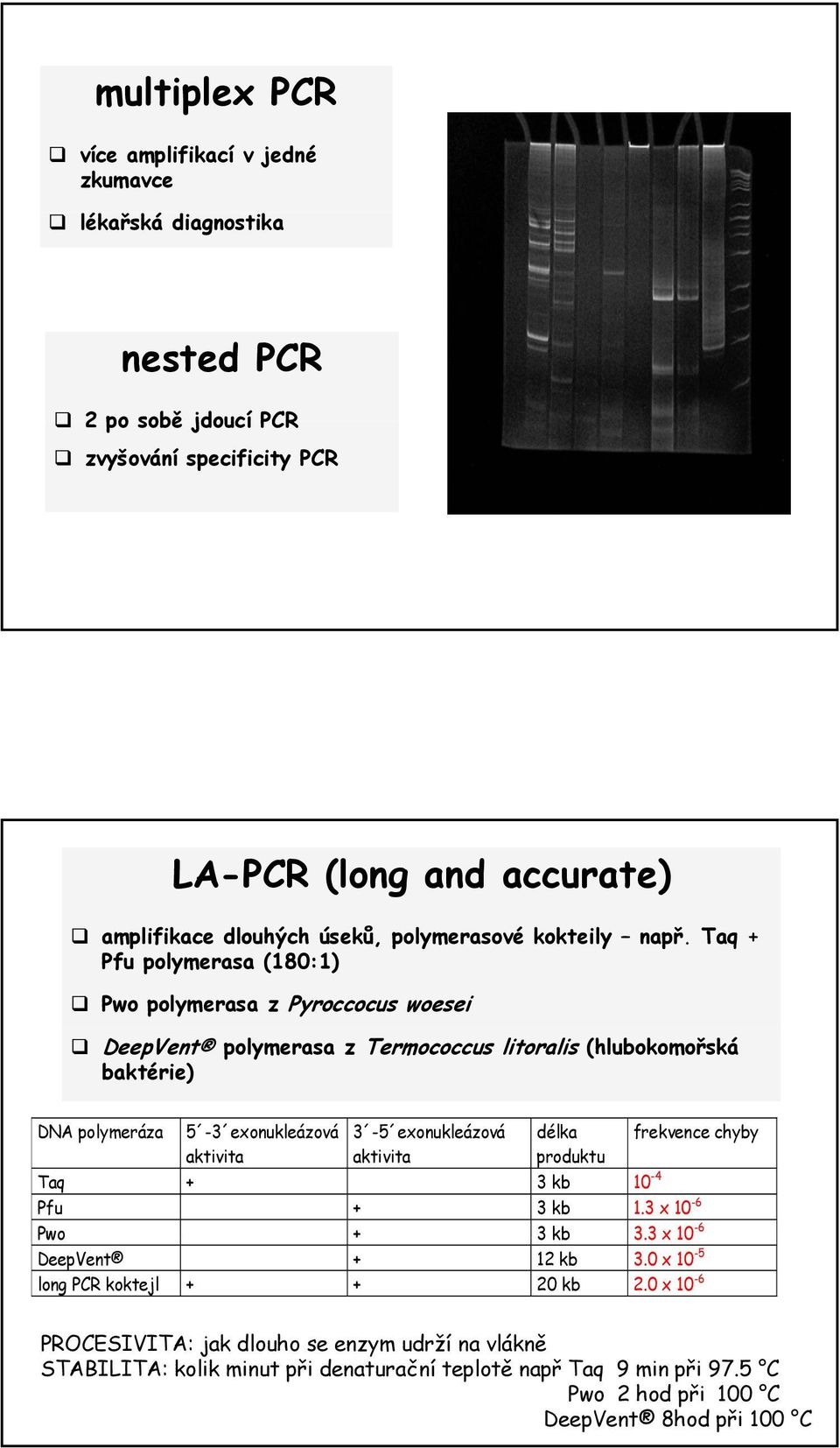 Taq + Pfu polymerasa (180:1) Pwo polymerasa z Pyroccocus woesei DeepVent polymerasa z Termococcus litoralis (hlubokomořská baktérie) DNA polymeráza 5-3 exonukleázová aktivita 3-5