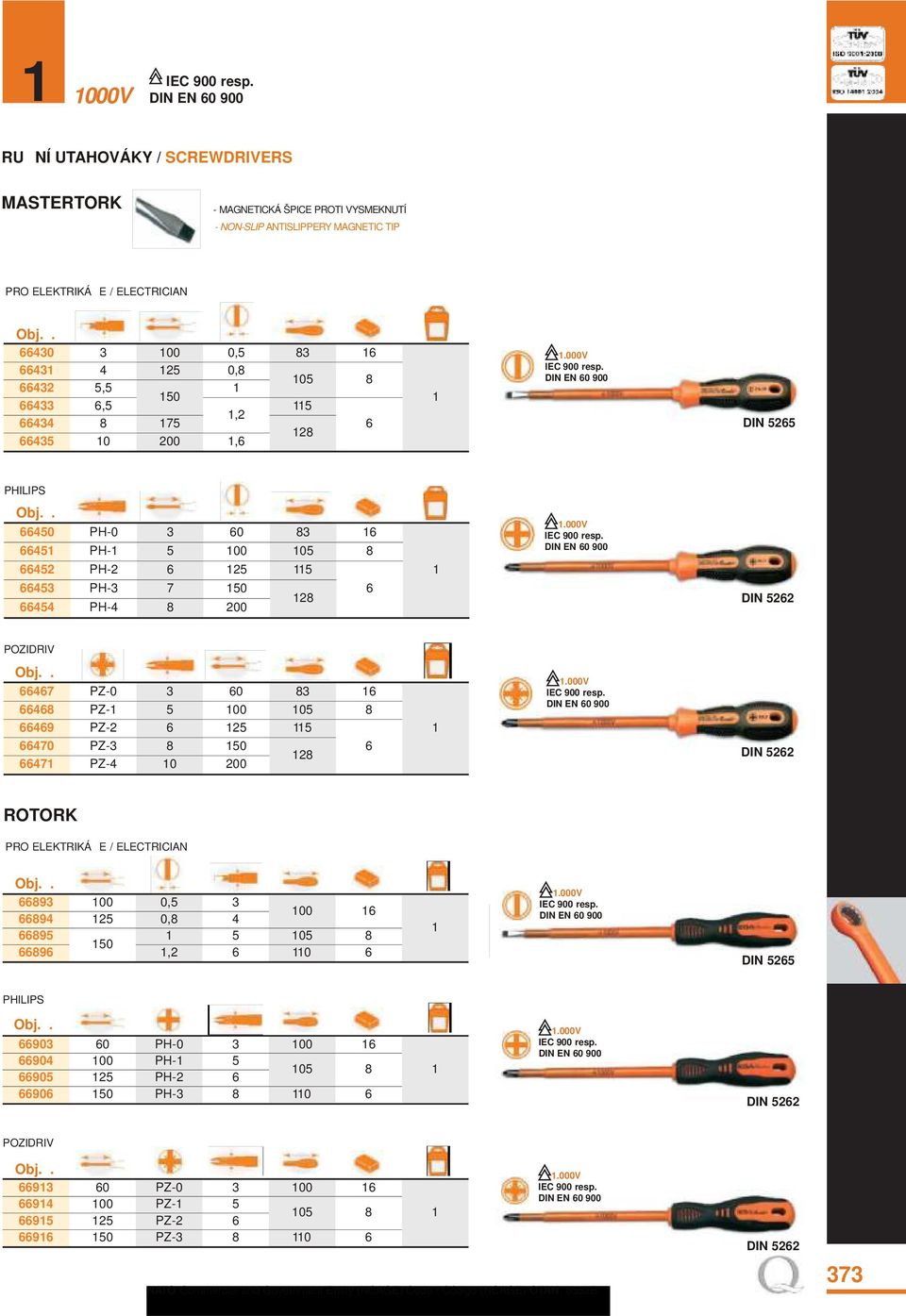 5262 POZIDRIV 66467 PZ-0 3 60 83 16 66468 PZ-1 5 100 105 8 66469 PZ-2 6 125 115 66470 PZ-3 8 150 6 128 66471 PZ-4 10 200 1 DIN 5262 ROTORK PRO ELEKTRIKÁŘ E / ELECTRICIAN 66893 100 0,5 3 66894 125 0,8