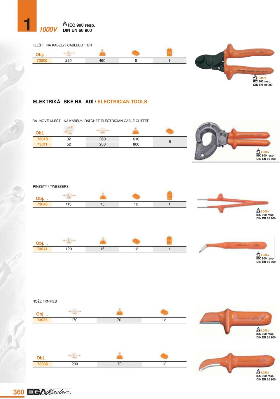 CABLE CUTTER 73010 32 260 610 73011 52 280 800 6 PINZETY / TWEEZERS 73040