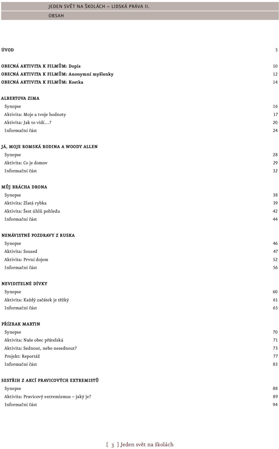 20 Informační část 24 Já, moje romská rodina a Woody Allen Synopse 28 Aktivita: Co je domov 29 Informační část 32 Můj brácha Drona Synopse 38 Aktivita: Zlatá rybka 39 Aktivita: Šest úhlů pohledu 42