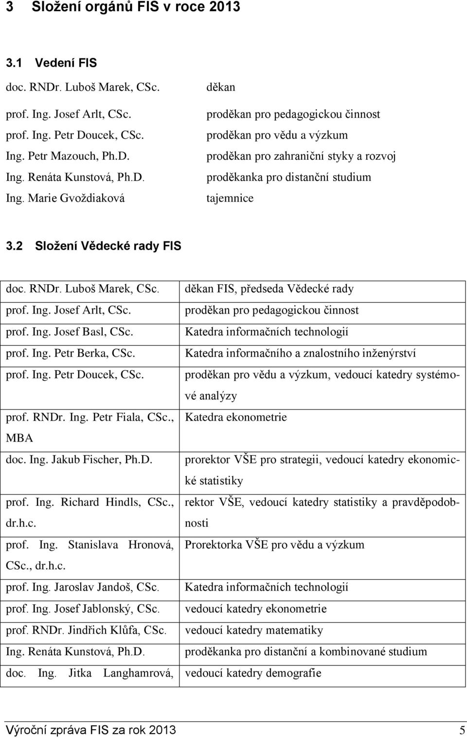 2 Složení Vědecké rady FIS doc. RNDr. Luboš Marek, CSc. děkan FIS, předseda Vědecké rady prof. Ing. Josef Arlt, CSc. proděkan pro pedagogickou činnost prof. Ing. Josef Basl, CSc.