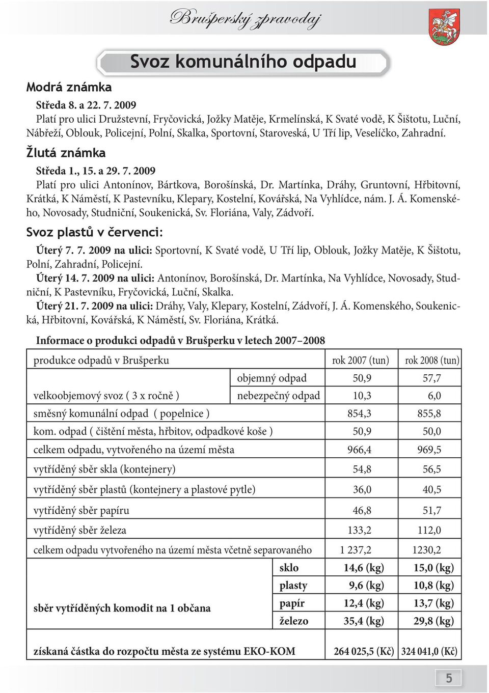 Žlutá známka Středa 1., 15. a 29. 7. 2009 Platí pro ulici Antonínov, Bártkova, Borošínská, Dr.