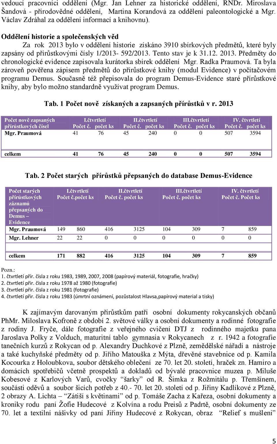 Oddělení historie a společenských věd Za rok 2013 bylo v oddělení historie získáno 3910 sbírkových předmětů, které byly zapsány od přírůstkovými čísly 1/2013-592/2013. Tento stav je k 31.12. 2013. Předměty do chronologické evidence zapisovala kurátorka sbírek oddělení Mgr.